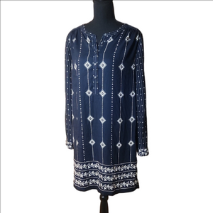 LOFT Navy and White Long Sleeve Tunic Dress, Size Medium